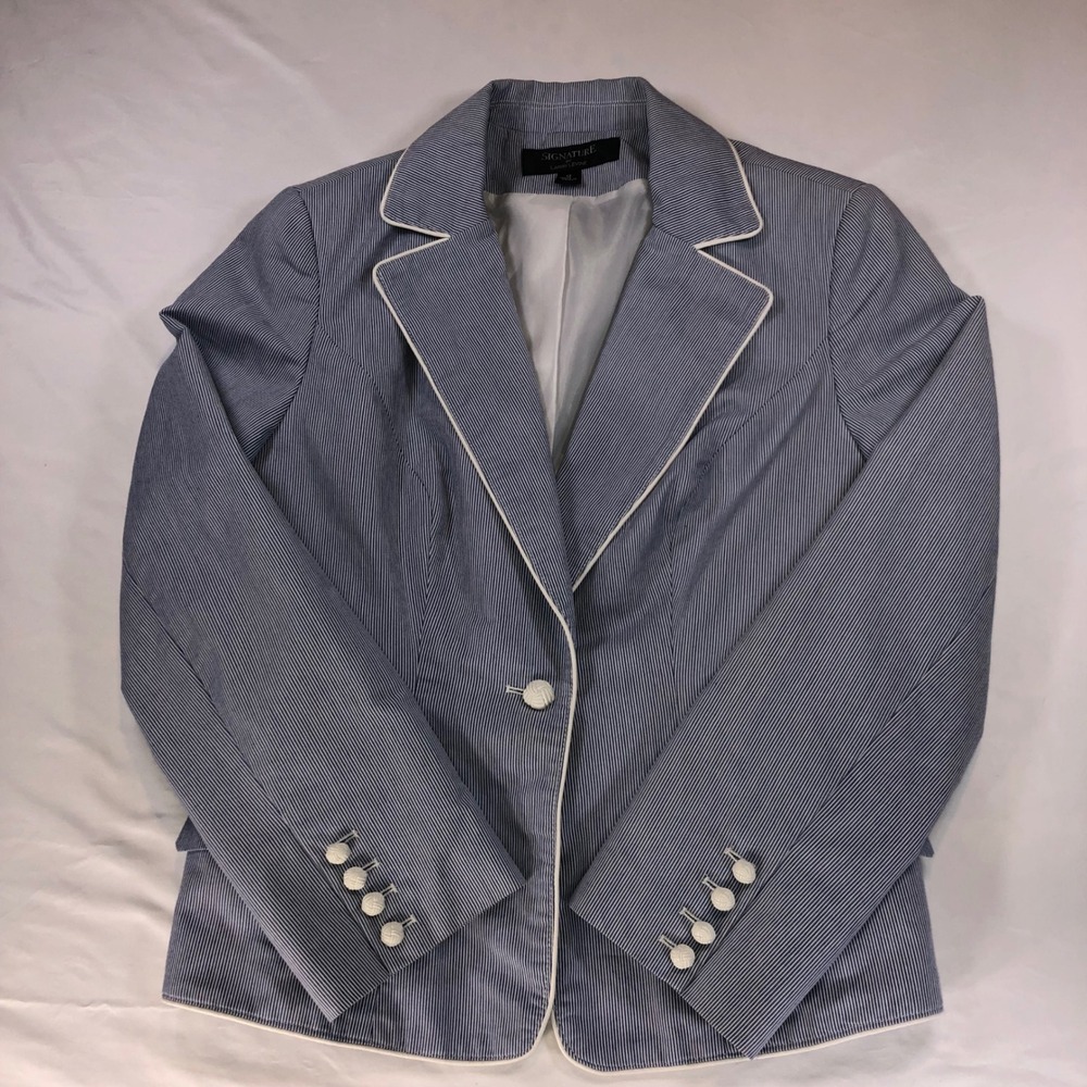 Signature by Larry Levine Blue White Pinstripe Blazer Jacket Piping Size 12